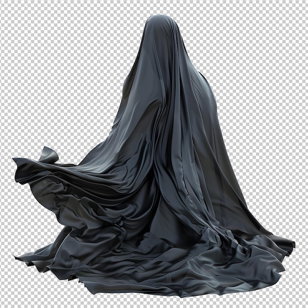 PSD ghost inside black fabric with folds isolated on transparent background