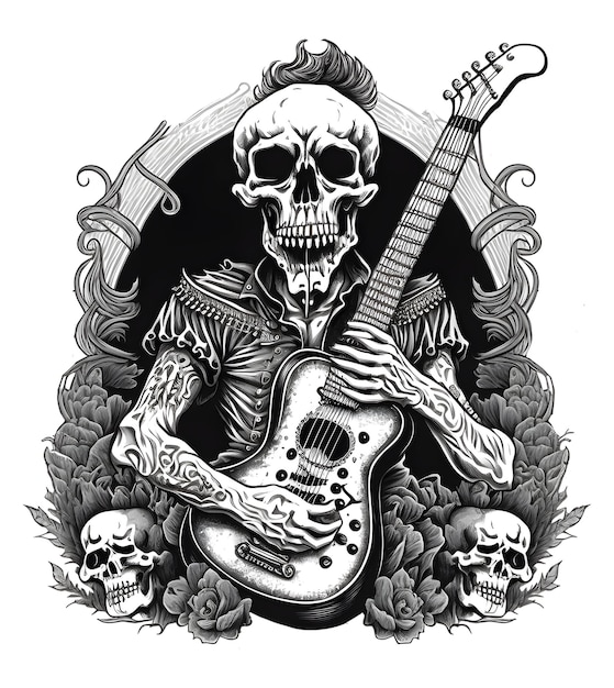PSD Призрачный череп, играющий на гитаре, подходит для печатных рисунков, таких как наклейки на футболки и т. д.