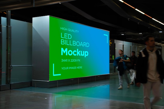 Giant LED billboard mockup display in airport corridor train station