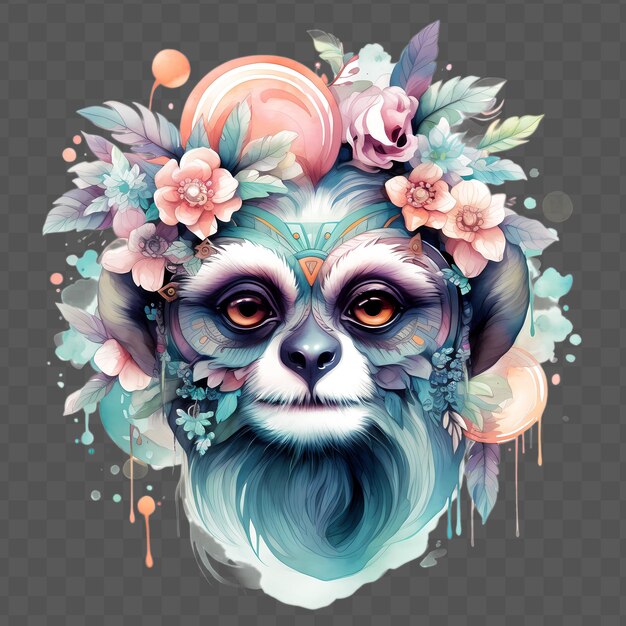 PSD gibbon head with flowers on his head in the style waterclor style isolated psd transparent design