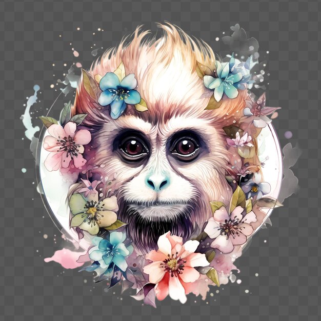 Gibbon head with flowers on his head in the style waterclor style isolated psd transparent design