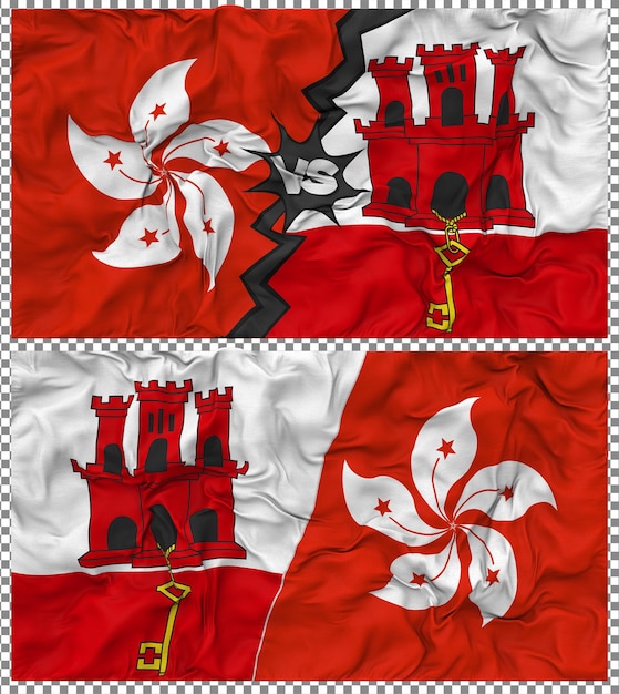 Gibraltar przeciwko Hong Kongu Półkombinowana flaga Tkanina Bump Texture Rendering 3D