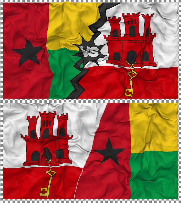 PSD gibraltar versus guinee-bissau halve gecombineerde vlag stof bump texture 3d rendering