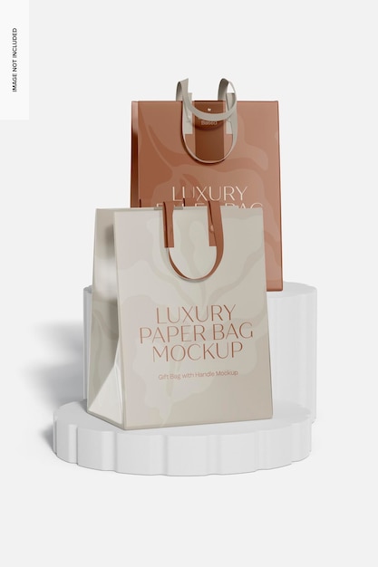 Gift bags with handle mockup, on podium