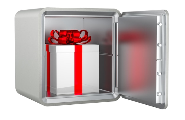 Gift box inside safe box with combination lock 3D rendering isolated on transparent background