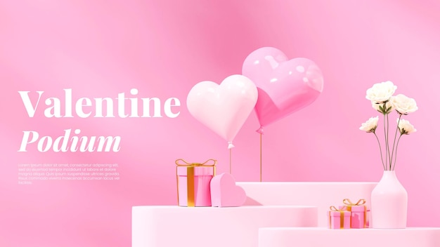 Gift box, love baloon, and white rose 3d image render blank space light pink podium in landscape