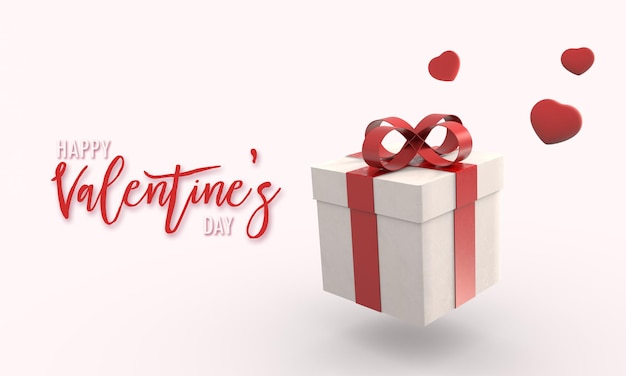 Gift box with red ribbon and many rainy heart falling from sky 3d rendering