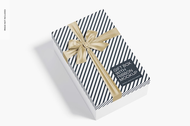 PSD gift box with ribbon mockup, high angle view