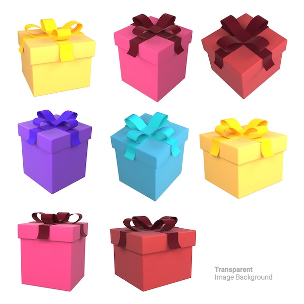 PSD gift boxes collection with on an isolated transparent image background 3d rendering