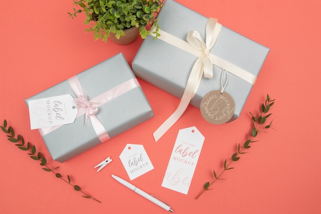 Gift card label mock-up with present