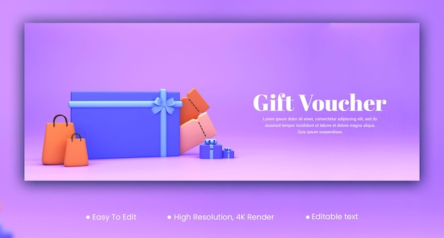 Gift voucher or coupon banner design with 3d gift boxes carry bags on gradient purple background