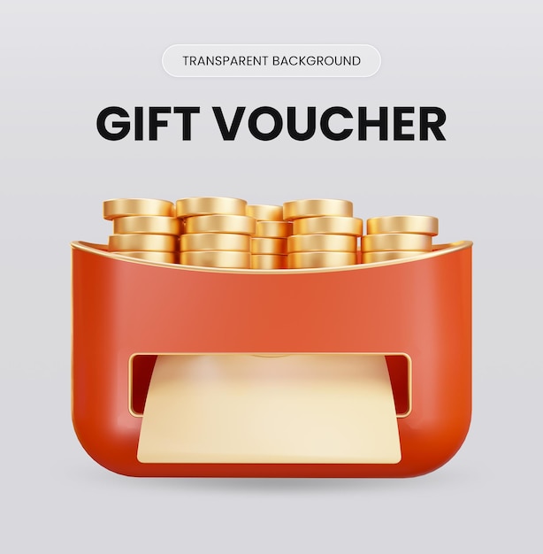 PSD gift voucher with gold coins 3d rendering illustration