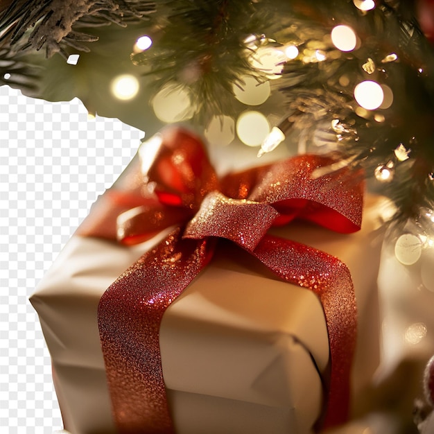 赤いボウが付いたプレゼントがクリスマスのライトで飾られている