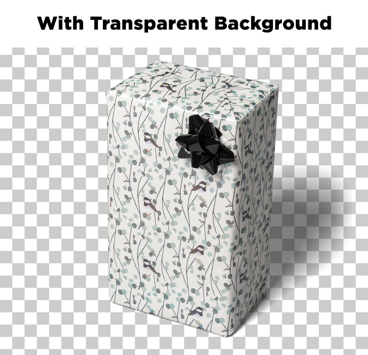 PSD gift wrapped box with a black bow isolated on a transparent background