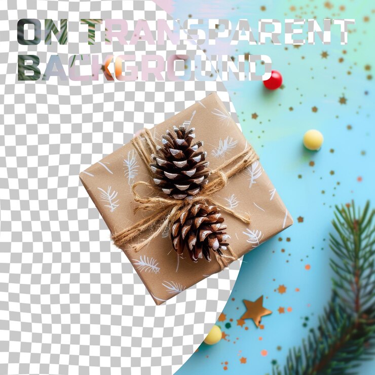 PSD a gift wrapped in gold foil with a pine cone on the top