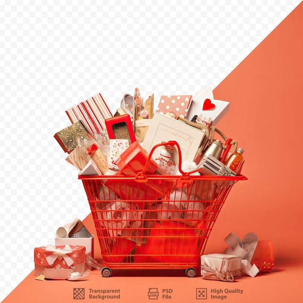 PSD gifts of various kinds displayed in a transparent background along with a red shopping basket