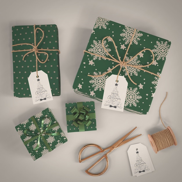 PSD gifts wrapped in green decorative paper