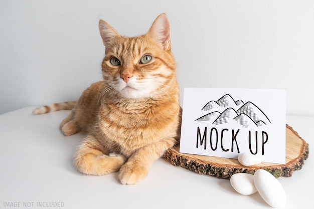 PSD ginger cat rustic mock up postcard. horizontal card with white pebble on white table background mockup. cute pet animal with space for your image or text.