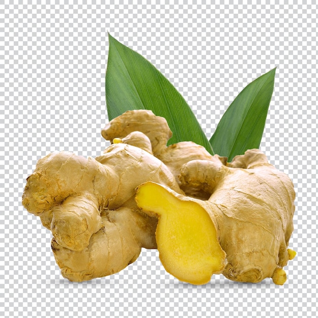 PSD ginger ;root sliced with green leaves isolated on white background. herb high vitamin c and for protect virus premium psd.