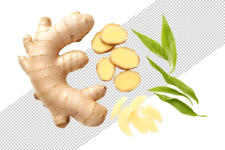 Ginger root with leaves and slices PNG