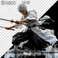PSD gintoki sakata from gintama the rising of the shield hero wields a black sword while wearing a white shirt and gray hair with a white hand visible in the
