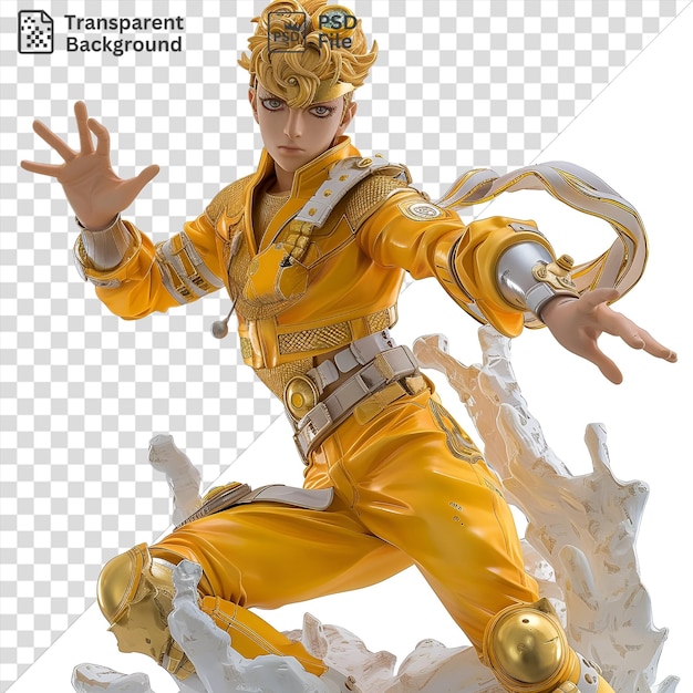 PSD giorno giovanna from jojos bizarre adventure wearing a gold belt and yellow pants with blond hair and a raised hand is captured in a close up