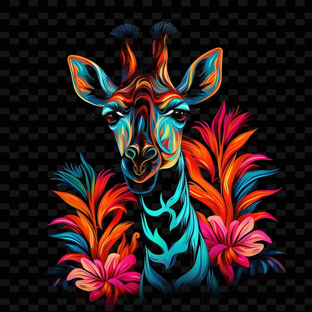 PSD giraffe tropical paradise zigzag neon lines exotic flowers l shape y2k neon light art collections