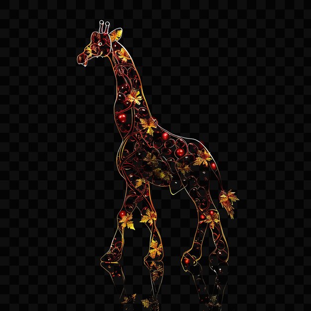 PSD giraffe with a pattern of gold and red flowers on a black background