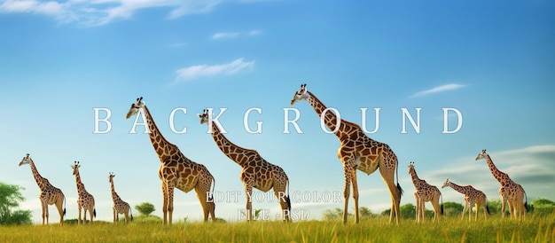 Giraffes of all sizes in a rowwalking on green grass bright blue sky atmosphere