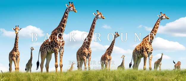 PSD giraffes of all sizes in a rowwalking on green grass bright blue sky atmosphere