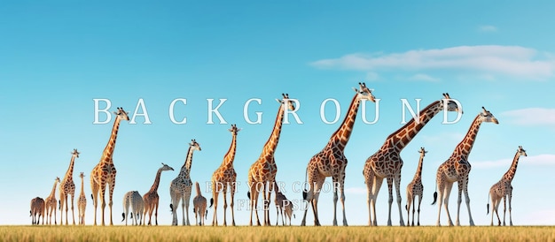 Giraffes of all sizes in a rowwalking on green grass bright blue sky atmosphere