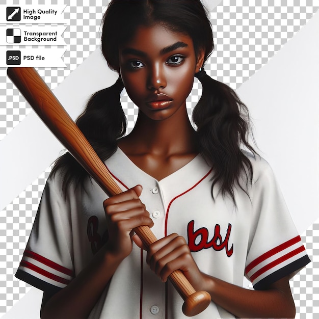 PSD a girl in a baseball jersey with the word b b on it