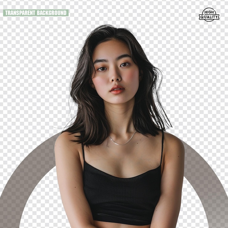 PSD 透明な背景のカメラの前で黒いシャツを着た女の子