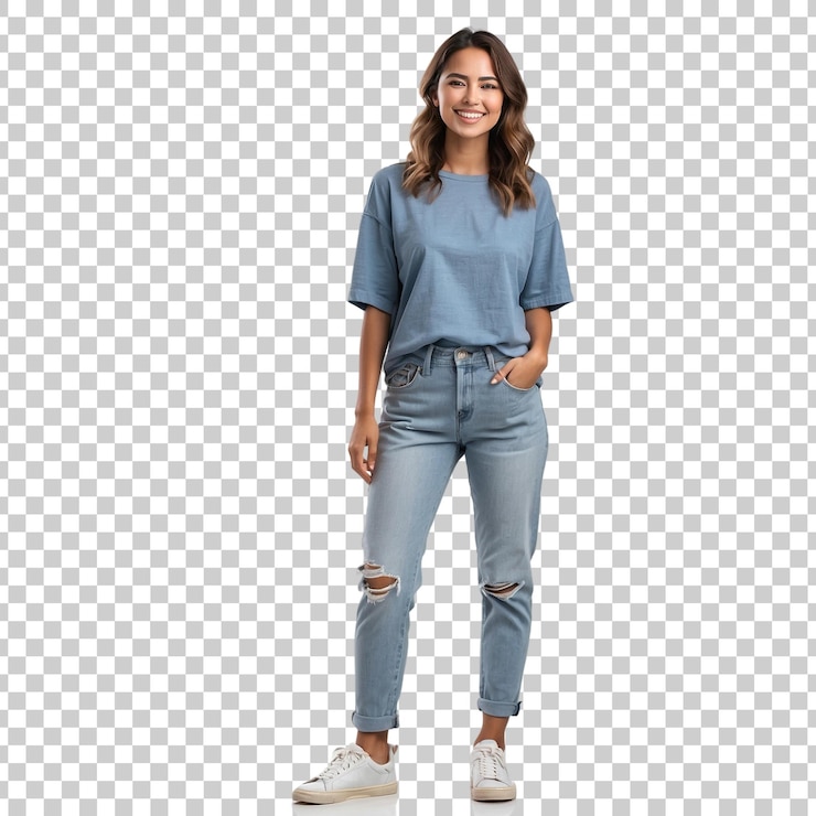 PSD a girl in a blue top and jeans stands on a white background