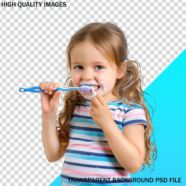 A girl brushing her teeth with a toothbrush in front of a blue background