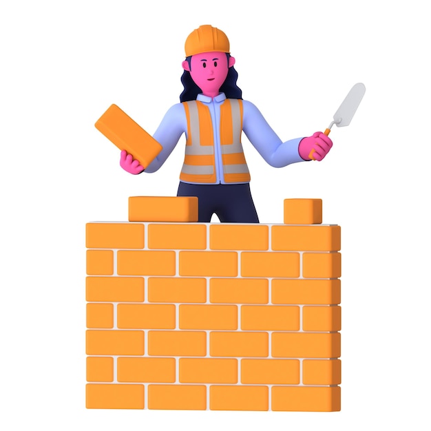 Girl build wall brick construction worker 3d