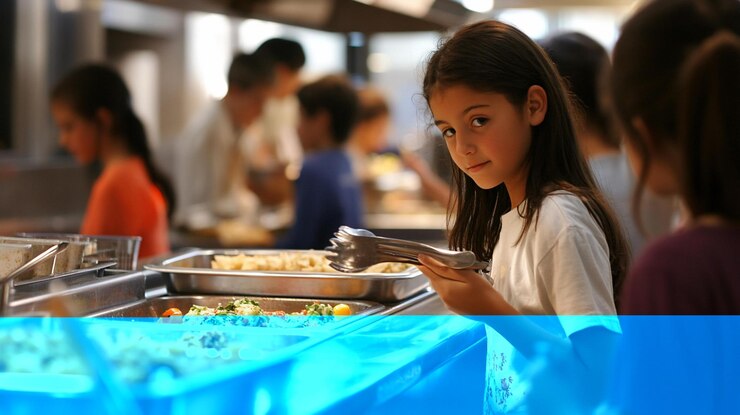 PSD 学校の食堂で食べ物を選ぶ女の子
