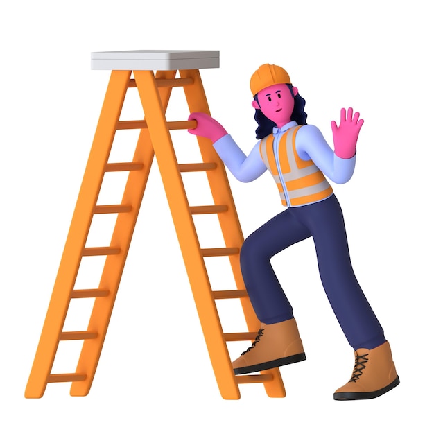 PSD girl climb ladder construction worker 3d