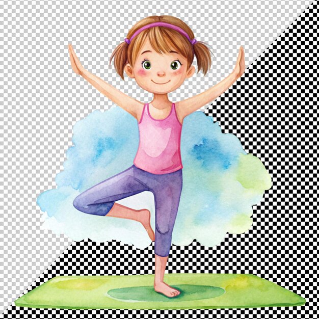 PSD girl doing yoga watercolor art on transparent background