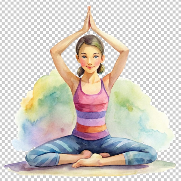 PSD girl doing yoga watercolor art on transparent background