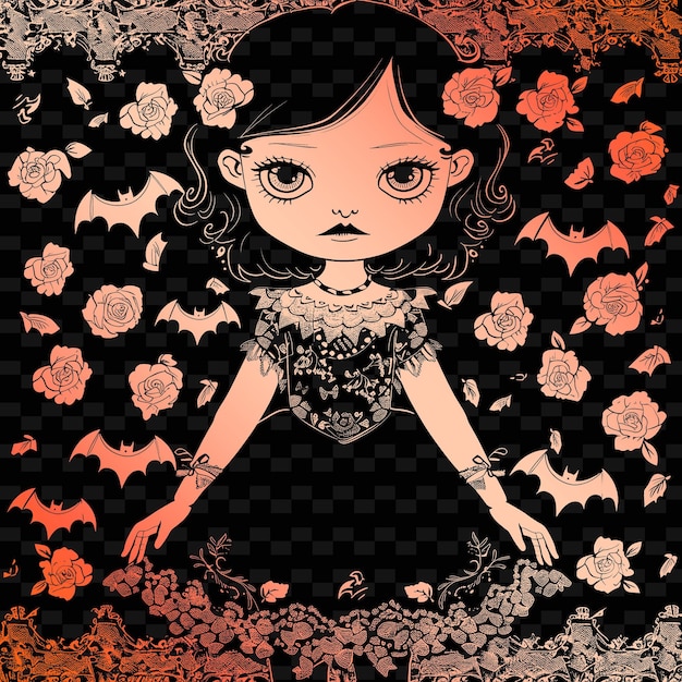 A girl in a dress with bats and flowers