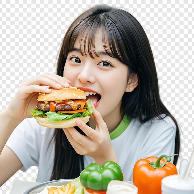PSD 투명한 배경에 고립 된 햄버거를 먹는 소녀
