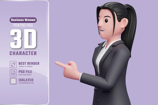 Girl facing side and pointing business woman in black formal suit illustration 3D rendering