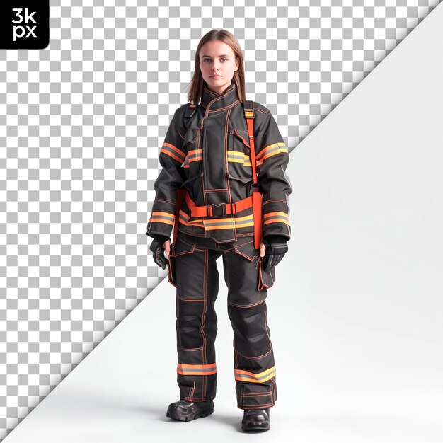 PSD a girl in a firefighter uniform stands in front of a checkered background