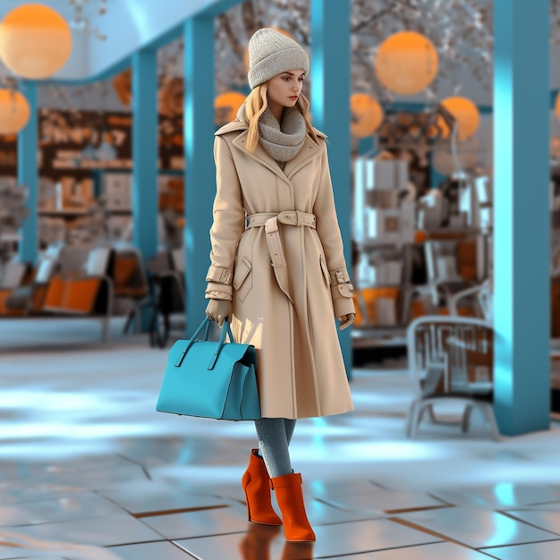 PSD girl to go shopping wearing overcoat artificial intelligence generator