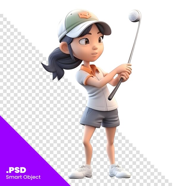 PSD 白い背景にゴルフクラブを持つ女の子ゴルファー。 3d レンダリング psd テンプレート