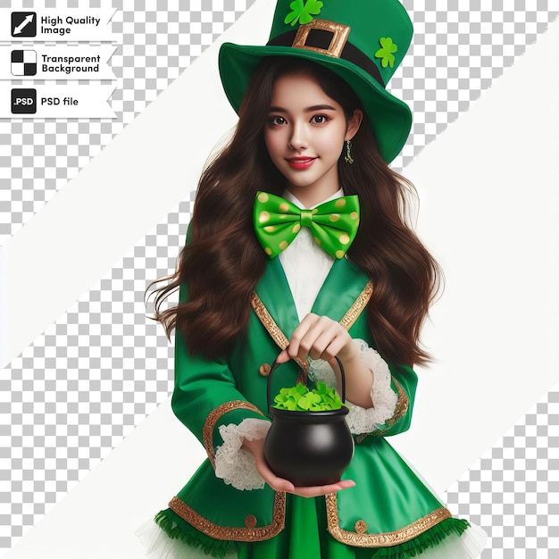 PSD una ragazza in un abito verde con un arco verde sul suo cappello