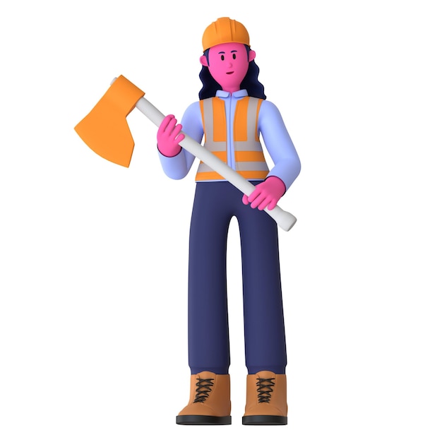 PSD girl hold axe construction worker 3d