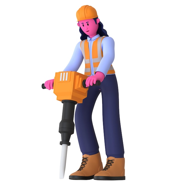 PSD ragazza tiene jack hammer operaio edile 3d