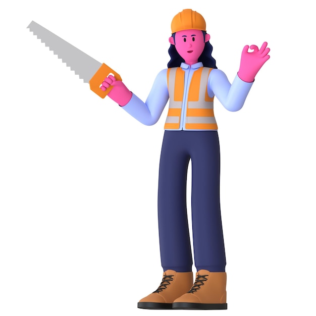PSD girl hold saw construction worker 3d